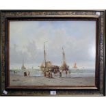 Hendrick Vader (20th century Belgian) Figures at low tide, preparing to unload barges oil on