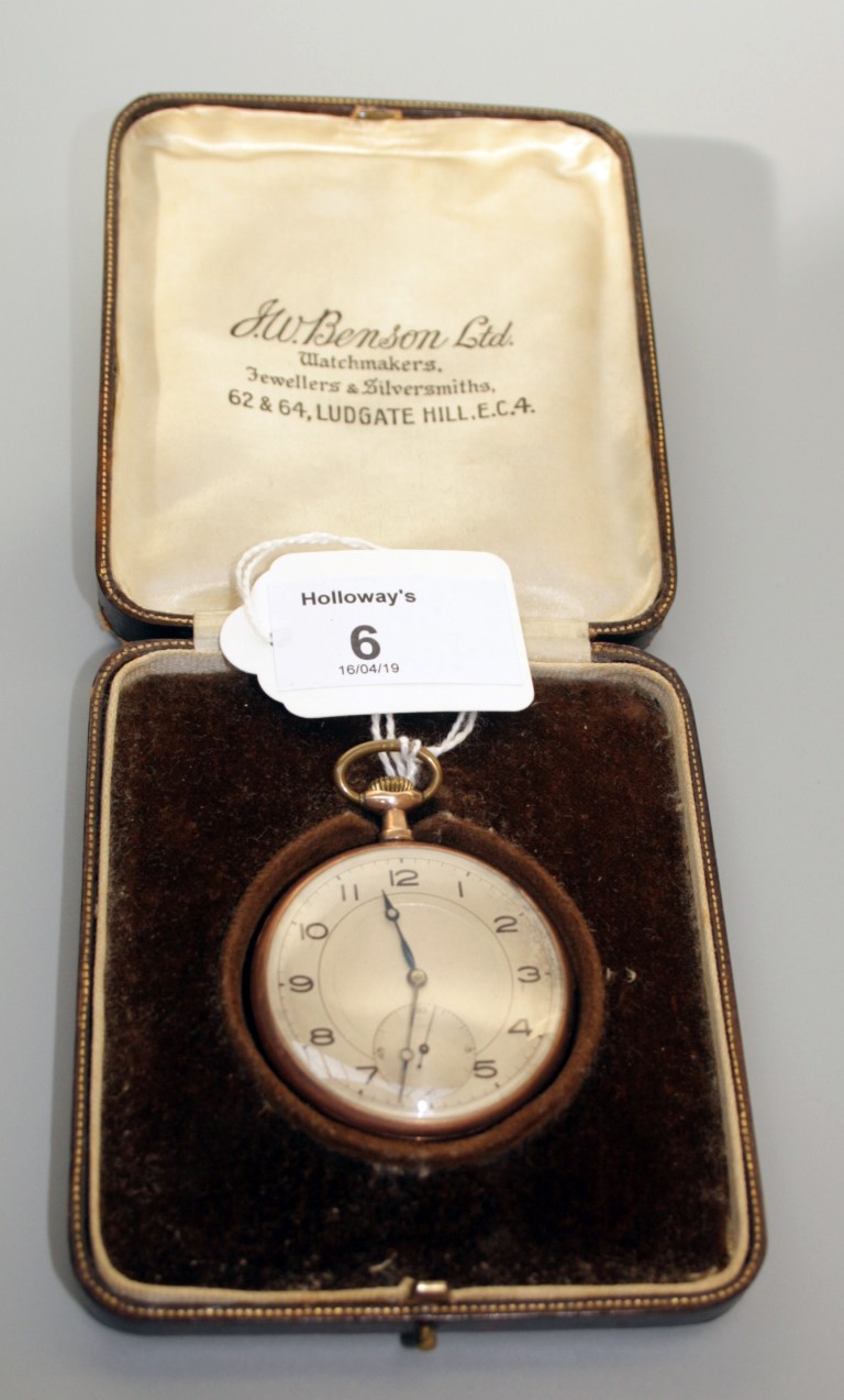 A circa 1920s 9ct gold cased open face crown wind dress pocket watch, with champagne dial and Arabic