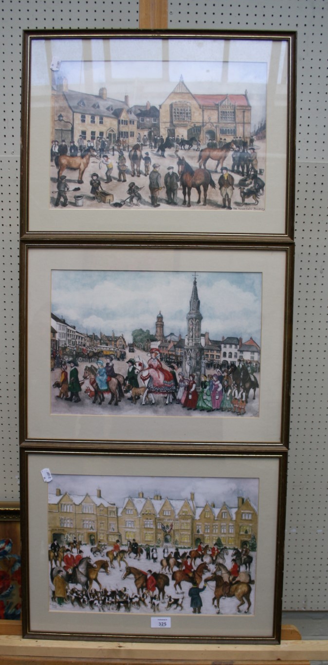 A collection of Marjorie Lester colour lithographs depicting naive topographical views of Banbury,