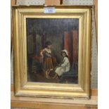 A 19th century French School oil on panel Depicting two girls in a bedchamber 24 x 18cm