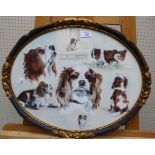 A 20th century oval watercolour study of Spaniels Indistinctly signed 54cm wide