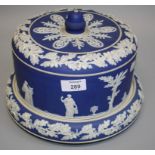 A late 19th century blue dip Jasperware cylindrical form cheese dish and cover, with acorn finial,