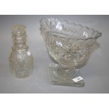 A 19th century Irish cut glass fruit pedestal, together with a small decanter