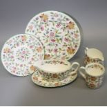 A Minton Haddon Hall part dinner and tea service, comprising cake stand, six dinner plates, seven