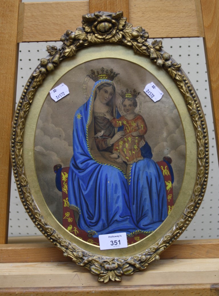 A 19th century oval hand tinted engraving The Holy Mother and Christ child 26cm high