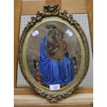 A 19th century oval hand tinted engraving The Holy Mother and Christ child 26cm high