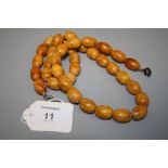 A single row amber bead necklace of oval mottled oval beads, 56cm, 58.6 gross weight Holloway's do