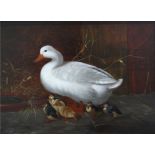 19th century school Mother duck and goslings on a mossy bank oil on mahogany panel 24 x 34cm