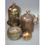 An Islamic pierced brass 'Thousand-eye' hanging lantern and two singing bowls and an Eastern