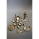 A small collection of silver items including posy vase, Dutch basket, caddy spoon and other items,