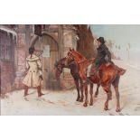 Samuel Edmund Waller ( English 1850-1903) ' Cold Comfort ' Gentlemen with horses at the door of a