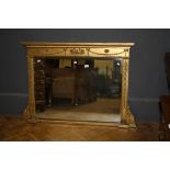 A Regency carved wood and gilt gesso overmantel mirror, with trophy and harebell swags, 109cm wide