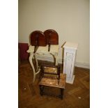 A pair of shaped mahogany wall shelves, together with a small oak table, swing mirror, painted table