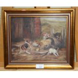H Baldwin (20th century British) Puppies, cockerel and cat in a barn interior Oil on canvas,