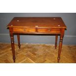 A 19th century inlaid mahogany two drawer side table with turned supports, 96cm wide