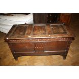 A late 17th/ early 18th century oak three panel coffer, 128cm