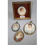 A large oval miniature portrait on ivory of a lady in a blue dress, together with three other