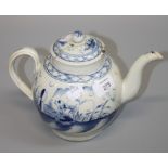 An 18th century Lowestoft blue and white porcelain bullet teapot and cover with faux oriental