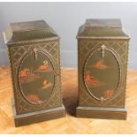 A pair of Edwardian possibly Maple and Co green lacquer pedestal cupboards decorated with