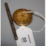 A lady's Swiss pocket watch, engraved to reverse with scrolls around a shield-shaped cartouche,