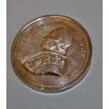 Pope Pius IX silvered bronze medallion, showing profile study of Pius IX looking left, the reverse