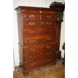 A George III oak and mahogany chest on chest with bracket feet, 116cm wide