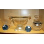 A large frosted footed cut glass rose bowl, bubbles paperweights and other glassware