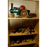 A large live steam model of a traction engine, 41cm, together with other tin-plate and die-cast