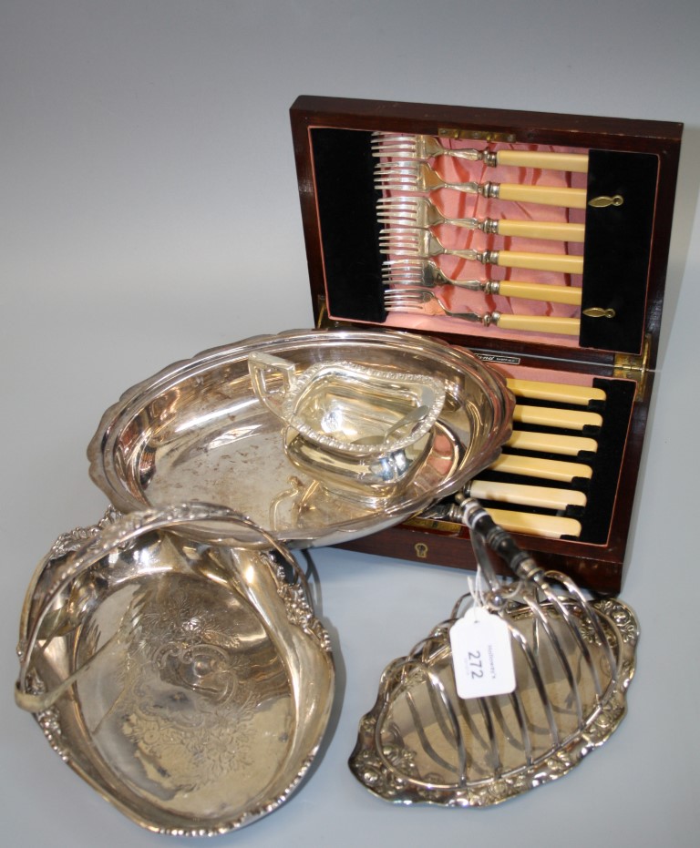 A collection of silver plated wares, including a presentation boxed set of fish knives and forks,