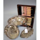 A collection of silver plated wares, including a presentation boxed set of fish knives and forks,