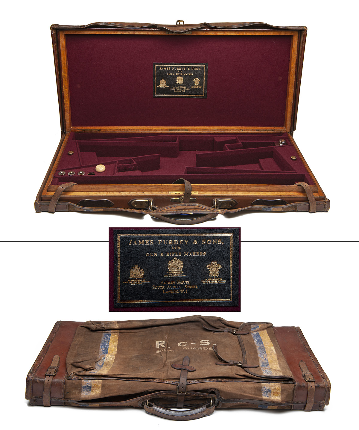 JAMES PURDEY & SONS A BRASS-CORNERED OAK AND LEATHER DOUBLE GUNCASE, fitted for 28in. barrels, the