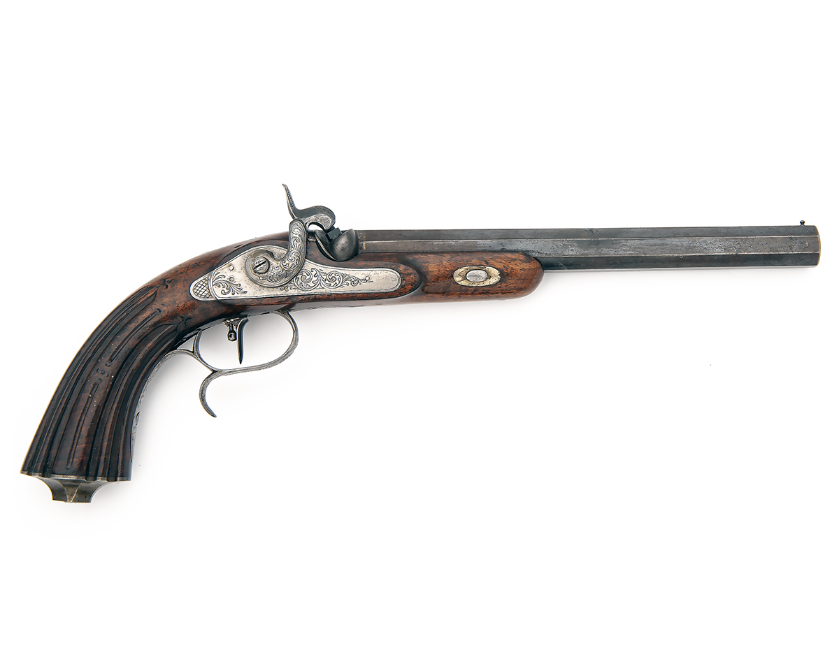 A 40-BORE PERCUSSION TARGET-PISTOL, UNSIGNED, no visible serial number, probably Belgian circa 1845,