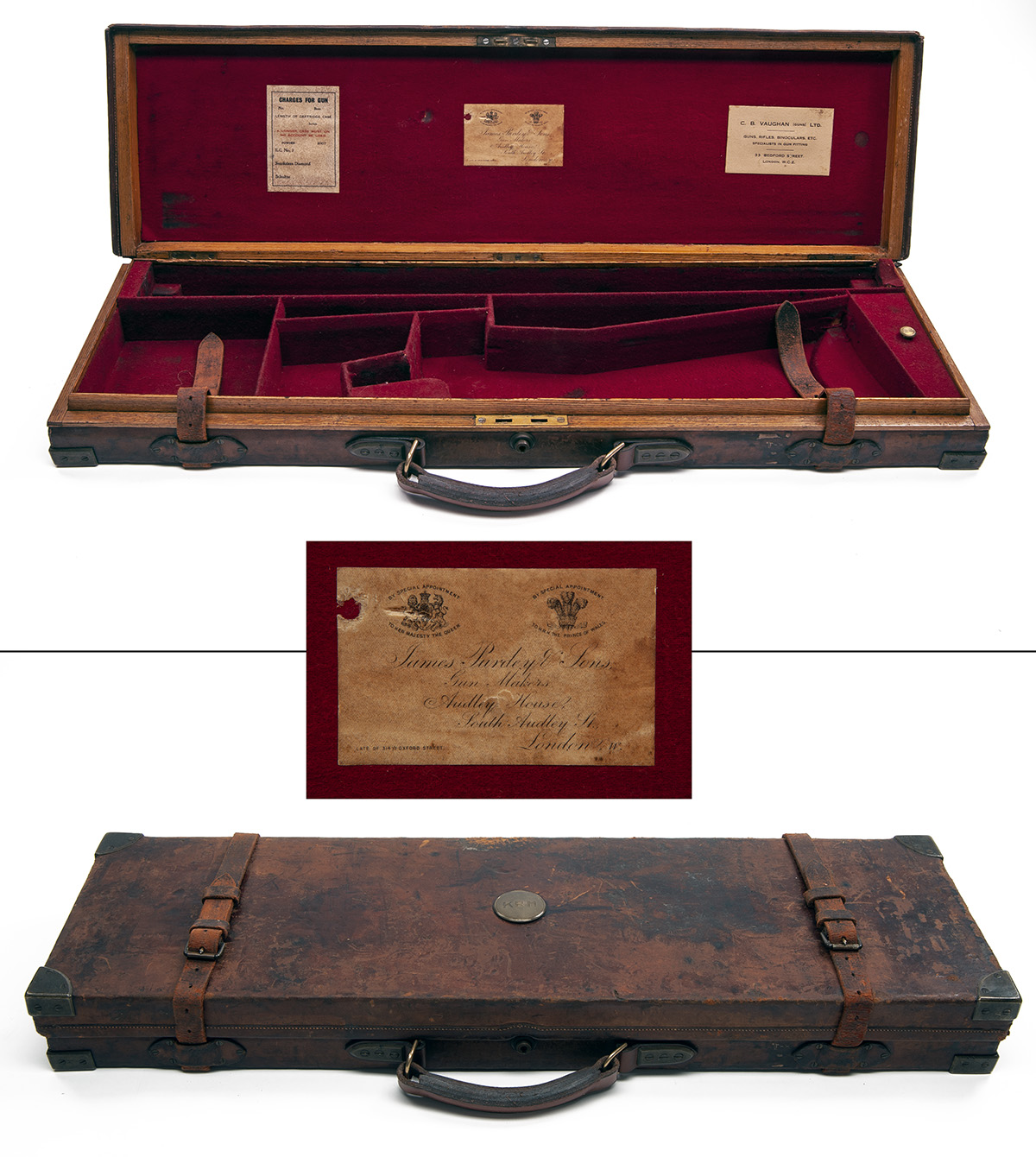 JAMES PURDEY & SONS A BRASS-CORNERED OAK AND LEATHER SINGLE GUNCASE, fitted for 30in. barrels, the