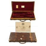 JAMES PURDEY & SONS A BRASS-CORNERED OAK AND LEATHER DOUBLE GUNCASE, fitted for 28in. barrels (could