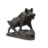A BRONZE SCULPTURE OF A WILD BOAR, measuring approx. 17in. x 19in. x 8in., signed Patricia