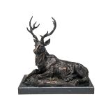 A BRONZE SCULPTURE OF A RESTING STAG, signed B.C. Zheng, measuring approx. 18in. x 17in. x 10in.,