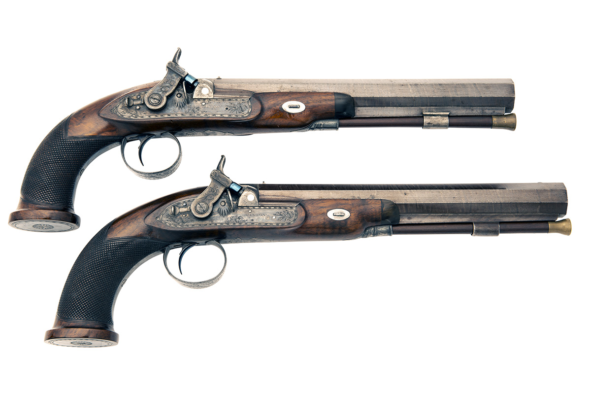 MANTON, LONDON AN EXCEPTIONAL CASED PAIR OF 18-BORE PERCUSSION DUELLING-PISTOLS, serial no's.