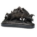 A BRONZE SCULPTURE OF A WILD BOAR WITH ATTACKING HOUNDS, signed A. LE Courtier, measuring approx.