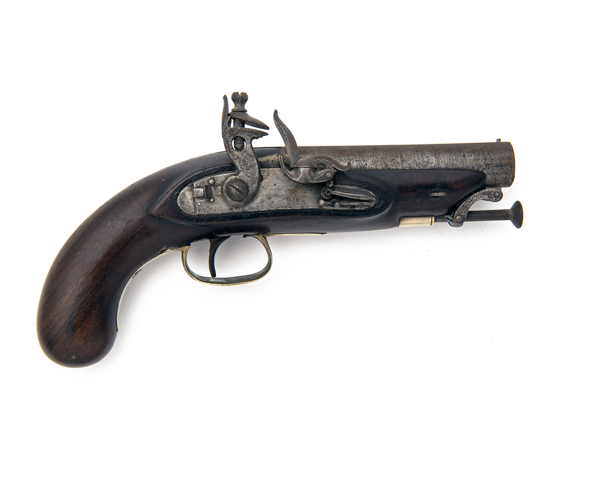 A .650 FLINTLOCK HEAVY OVERCOAT PISTOL, UNSIGNED, no visible serial number, WITH A PERIOD FLASK,