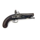 A .650 FLINTLOCK HEAVY OVERCOAT PISTOL, UNSIGNED, no visible serial number, WITH A PERIOD FLASK,