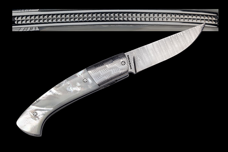 MANU LAPLACE '1515', FRANCE A FINE AND UNIQUE DAMASCUS FOLDING LOCK-KNIFE WITH POLYNESIAN MOTHER