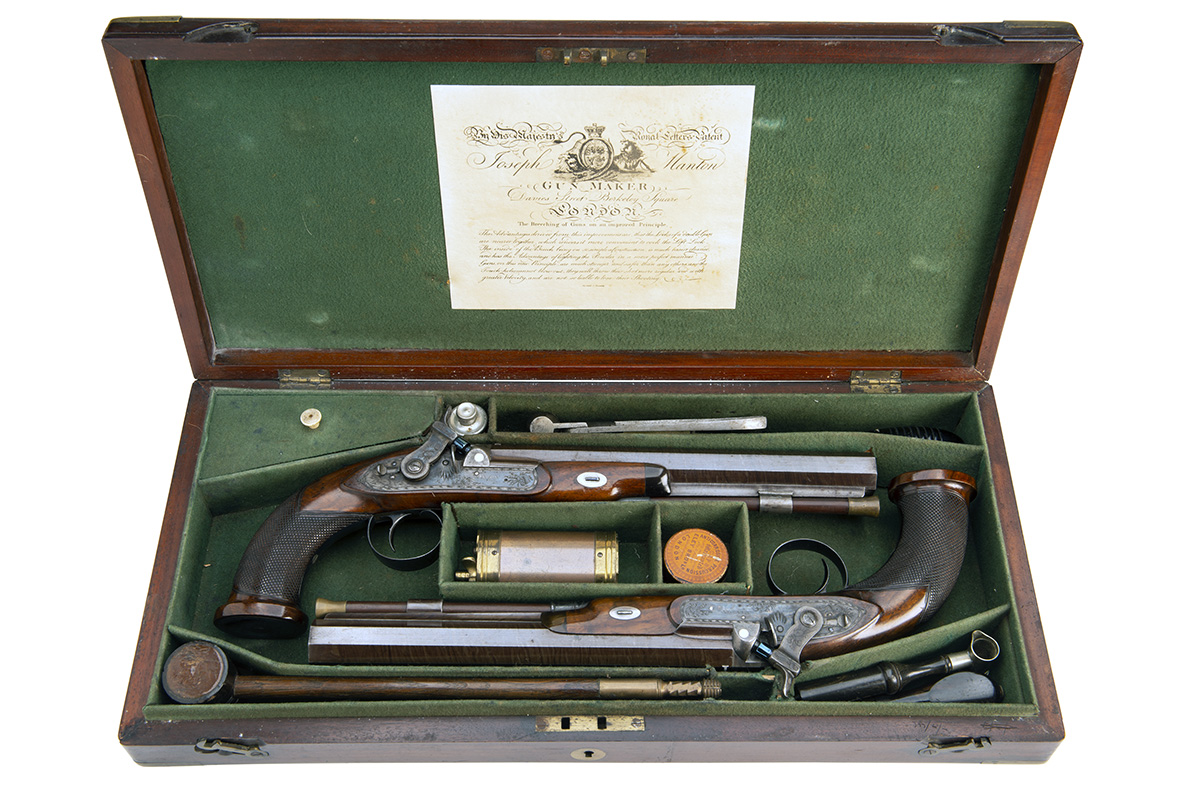 MANTON, LONDON AN EXCEPTIONAL CASED PAIR OF 18-BORE PERCUSSION DUELLING-PISTOLS, serial no's. - Image 2 of 5