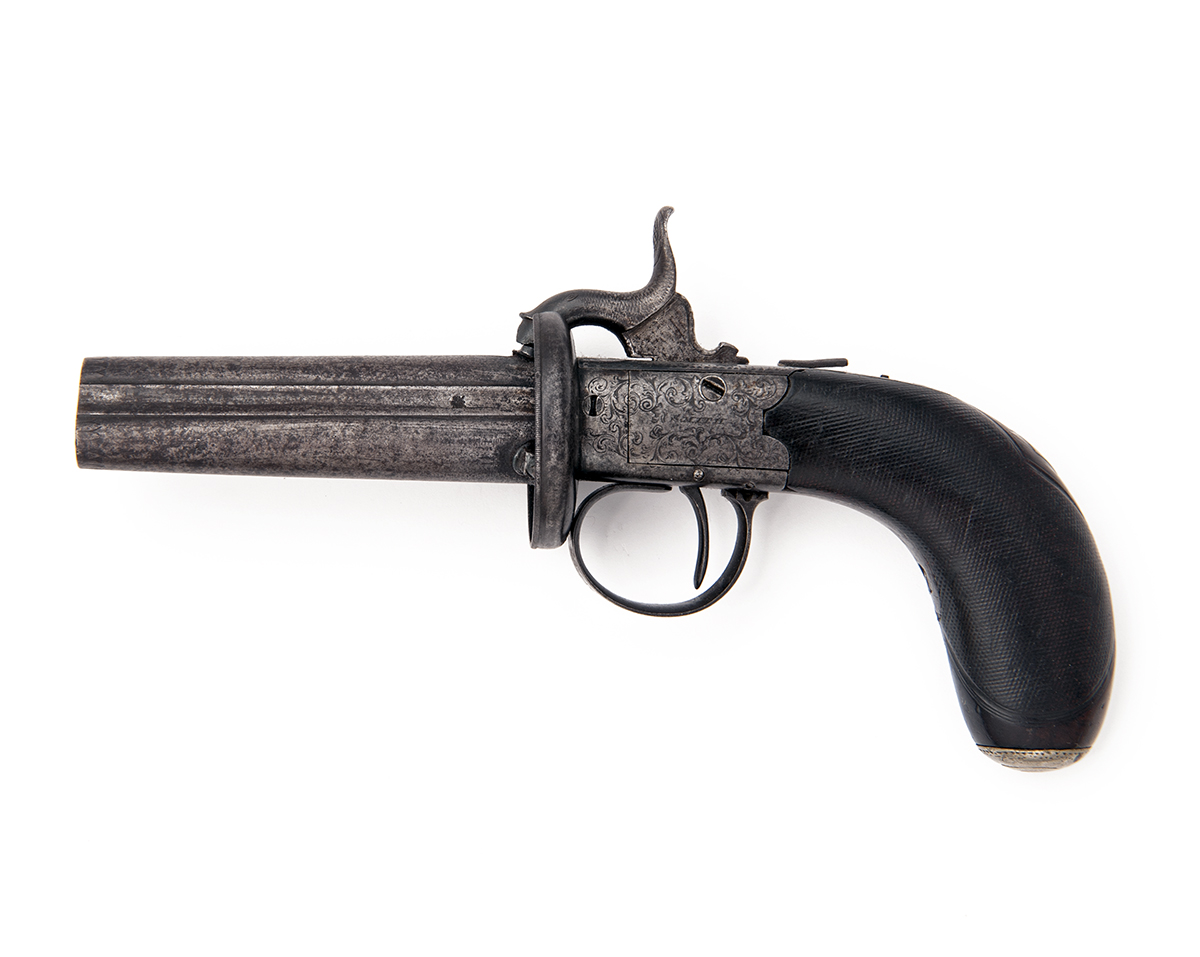 SMITH, LONDON A SCARCE 80-BORE PERCUSSION THREE-SHOT HAND ROTATED PEPPERBOX PISTOL, no visible - Image 2 of 3