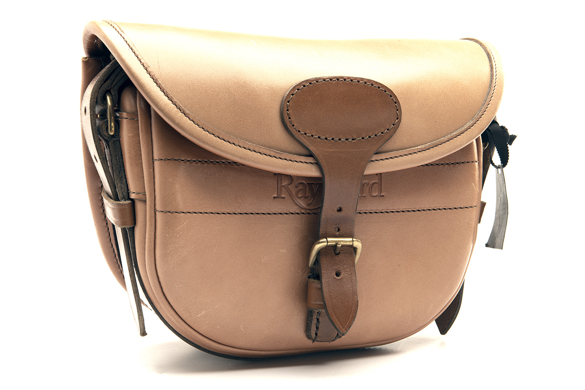 RAY WARD A NEW AND UNUSED LEATHER SUEDE-LINED CARTRIDGE BAG, canvas and leather shoulder strap and