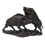 A BRONZE SCULPTURE OF TWO FIGHTING WILD BOAR, measuring approx. 9in. x 12in. x 5in.