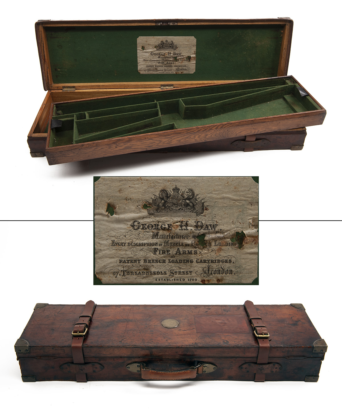 GEORGE H. DAW A BRASS-CORNERED OAK AND LEATHER TWO-TIER PERCUSSION GUNCASE, fitted for 30in.