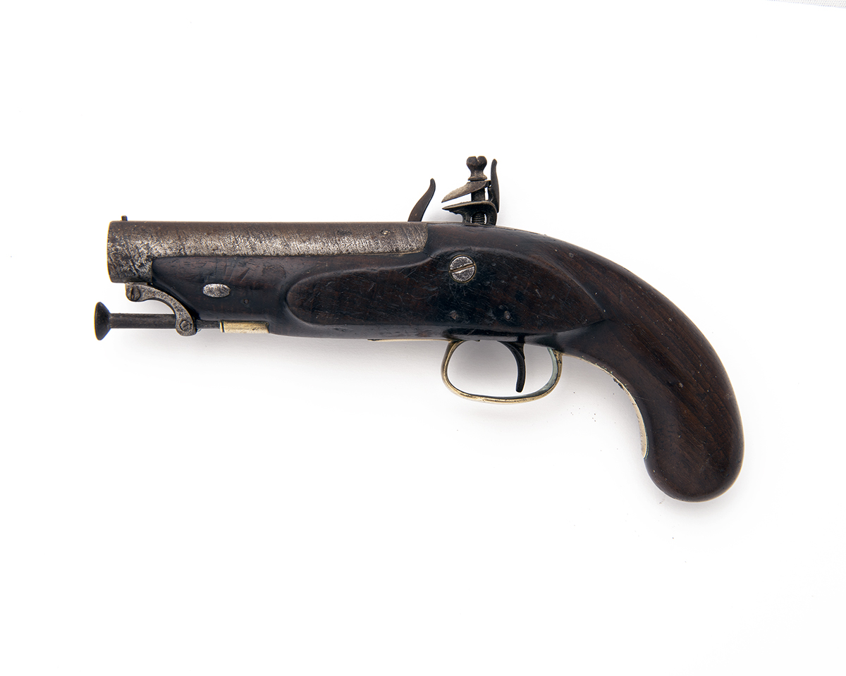 A .650 FLINTLOCK HEAVY OVERCOAT PISTOL, UNSIGNED, no visible serial number, WITH A PERIOD FLASK, - Image 2 of 3