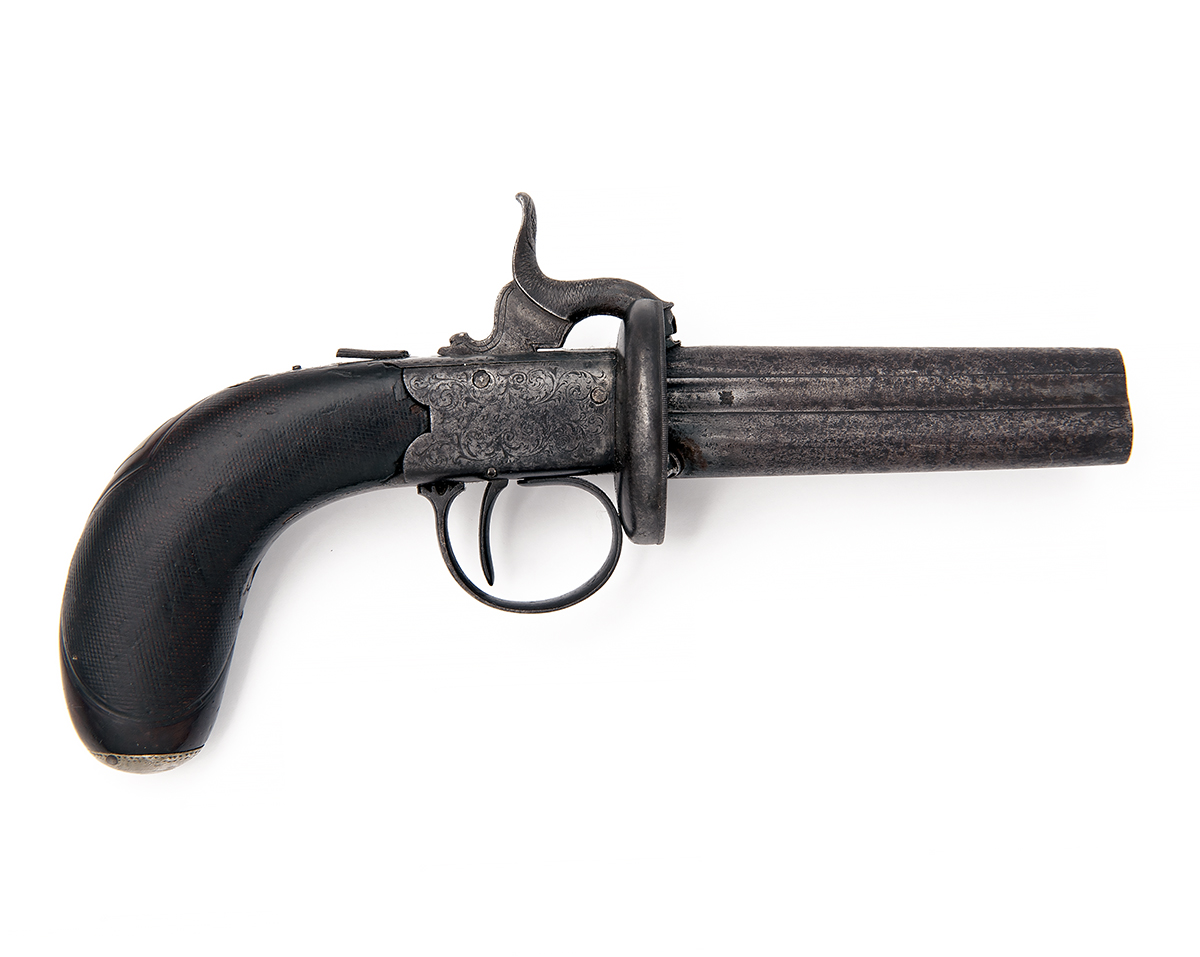 SMITH, LONDON A SCARCE 80-BORE PERCUSSION THREE-SHOT HAND ROTATED PEPPERBOX PISTOL, no visible