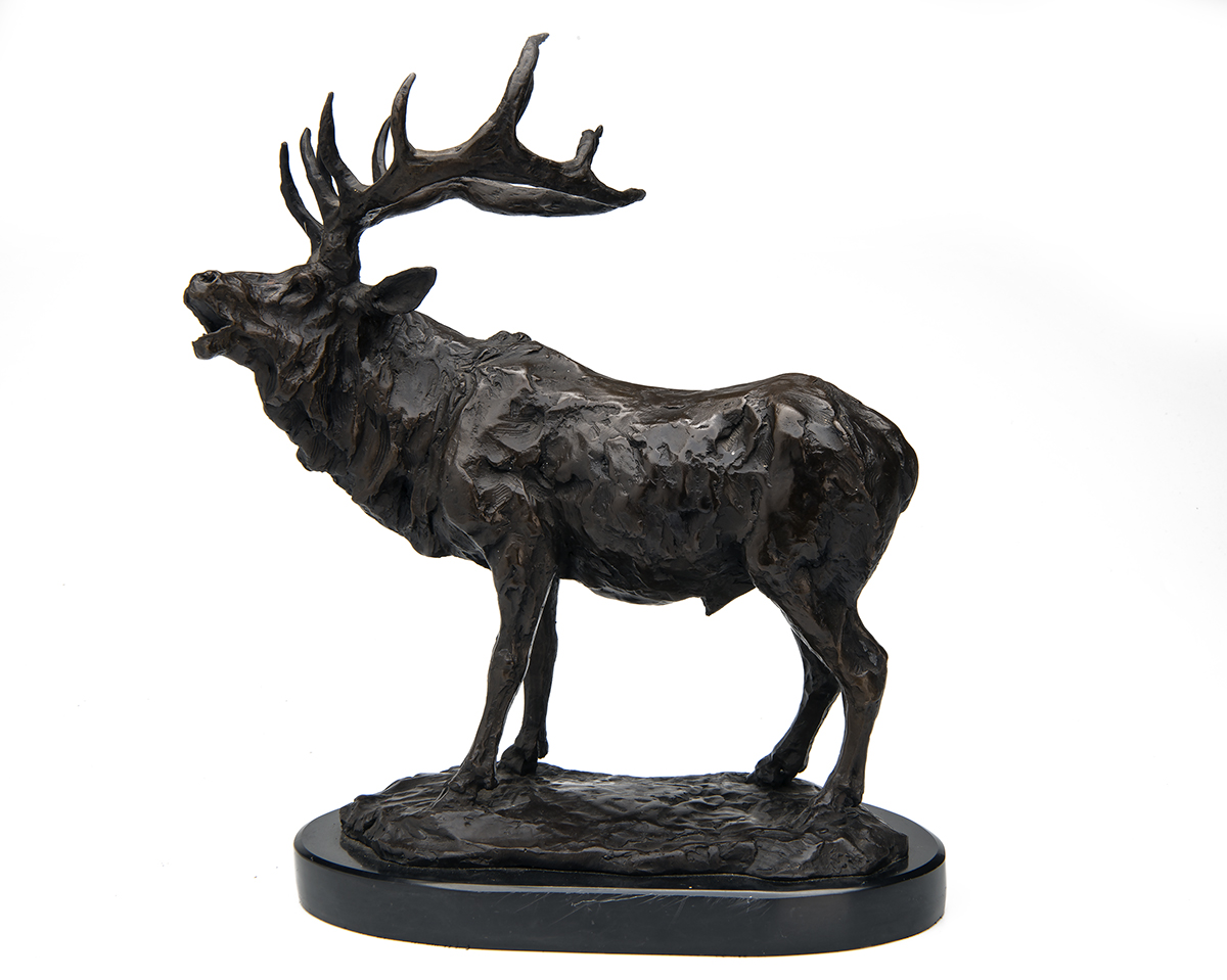 A BRONZE SCULPTURE OF A ROARING STAG, signed Barye, measuring approx. 16in. x 14in. x 8in.,