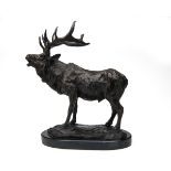 A BRONZE SCULPTURE OF A ROARING STAG, signed Barye, measuring approx. 16in. x 14in. x 8in.,